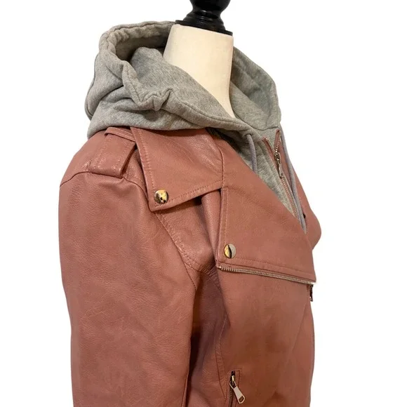 Vintage Le Chateau Medium Pink Faux Leather Moto Jacket w/ Grey Hoodie - Picture 5 of 11